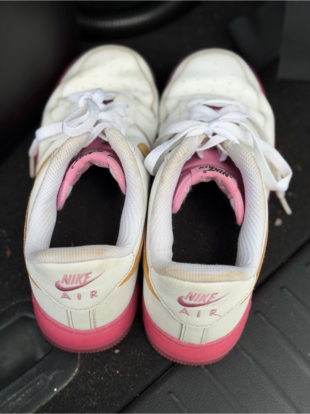 Nike White and Pink Kids Air Sneakers with Gold Accent